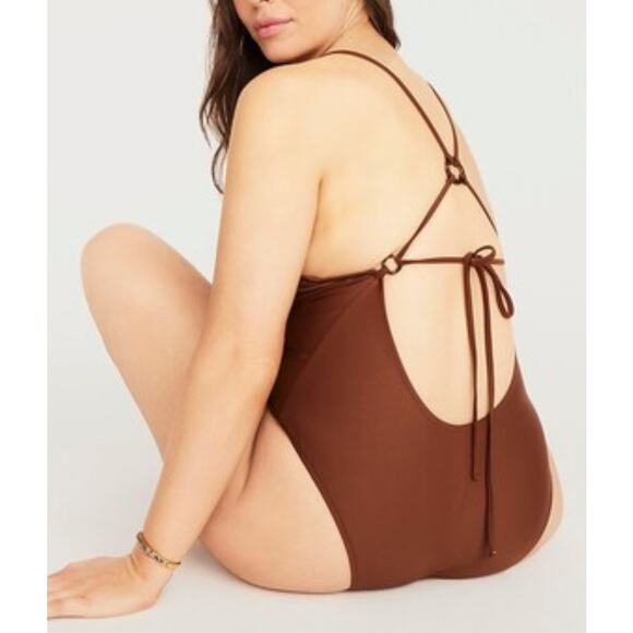 NEW J.Crew O-ring V-neck one-piece Swimsuit Size 22 Brown Plus Size - Picture 2 of 8